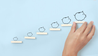 Block stacking as step stair in hand. Business concept