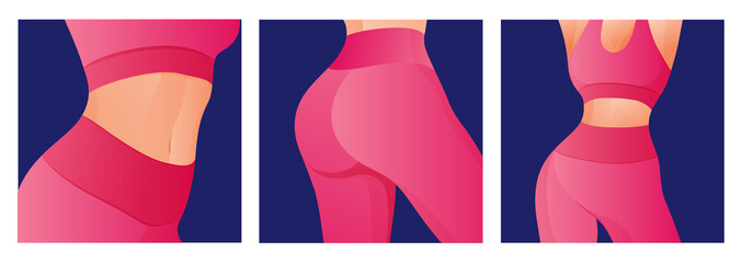 Set of Perfect slim toned young body of the girl. sporty woman in sportswear, shorts butt icon for mobile apps, slim body, vector illustration.	
