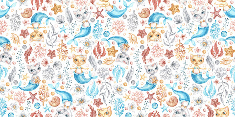 Watercolor Vector Cat mermaid seamless pattern in cartoon style. Creative nursery background print. Cute baby mermaid Watercolour seamless pattern. Cat character Watercolour drawing. Watercolor animal