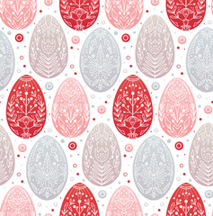 Seamless festive pattern with eggs and folk ornaments in row. Wallpaper with Easter treat. Wrapping paper with eggs with natural flower decoration. Multicolored texture with geometric tribal pattern