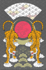Japanese Abstract Art Double Tiger Climbing Down on Clouds Roaring Show Tiger Stripe with Crescent Moon and Red Sun and Japan Torrential Wave Icon Behind on Stain Grey Bush Pattern Background Vector