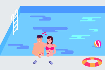 Happy couple enjoying drinks while hugging on the swimming pool. Cartoon flat illustration