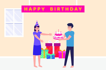 Happy woman getting birthday cake from her husband with gift boxes background. Vector flat illustration