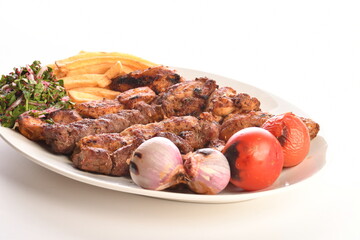 Kebab, traditional Turkish, Greek meat and chickens food, isolated on white background