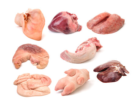 assorted raw pork meat on white background