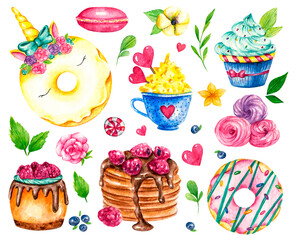 Sweet collection. Confectionery Vector watercolor food. Illustrations of cakes, pies, biscuits, ice cream, cookies, sweets and other confectionery products. Hand painted vector watercolour desserts.