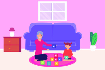 Quality time vector concept: Little girl and grandmother playing alphabet together while sitting on the floor