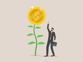 Businessman stands look at a money tree, success concept.