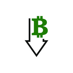 Decreasing value of bitcoin. Cost reduction icon concept isolated on white background. Vector illustration