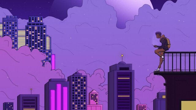 2D animation, anime boy looks at his mobile on top of a building. 
Purple fantasy city in the background. City Lights. Looping animation
Lofi, vaporwave, anime style