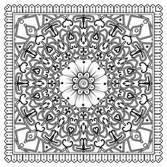 Outline square floral pattern in mehndi style for henna, mehndi, tattoo, decoration. decorative ornament in ethnic oriental style. doodle ornament. outline hand draw illustration. coloring book page.