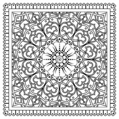 Outline square floral pattern in mehndi style for henna, mehndi, tattoo, decoration. decorative ornament in ethnic oriental style. doodle ornament. outline hand draw illustration. coloring book page.