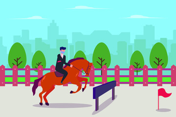 Competition vector concept: Young businessman winning the competition with a horse 