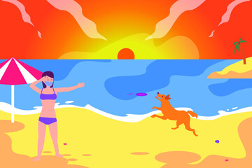 Fototapeta na wymiar Leisure time vector concept: Young woman playing with dog in the beach while wearing face mask in new normal
