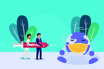 Businessman and doctor injecting sick earth cartoon with a vaccine
