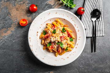 Pasta penne with chicken meat, tomato sauce and vegetables served with parmesan cheese. Italian cuisine. banner, menu recipe place for text, top view