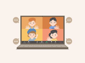 a laptop desktop children video call social online group to connect together with friends from distancing place illustration vector.