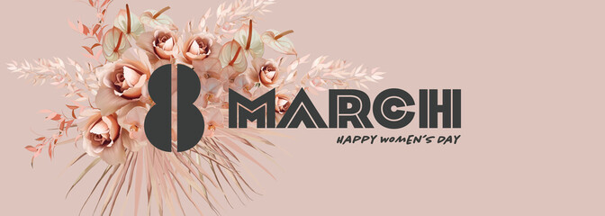 Banner for International Women's Day. Flyer for March 8 with flower decoration. Powdery pink orchids, roses and fox palms. Stylish typography.
