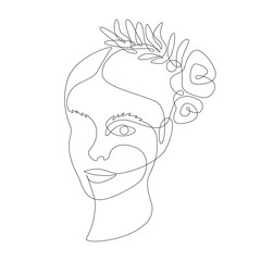 Beautiful woman face with rose flower and foliage. Continuous one line drawing. A minimalist portrait in line art. Vector illustration