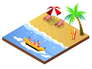 Happy family enjoying holiday on the beach and riding banana boat together. Isometric vector concept