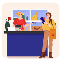 Woman in store and cashier with credit card. Shopping concept illustration. Woman paying for goods.