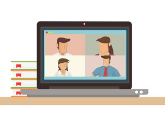 Business illustration of a laptop, video conference application with group of people.
