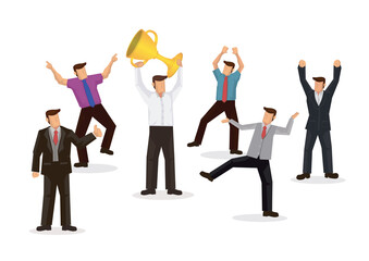 Fototapeta premium Businessman with winner prize with his team cheering for him.