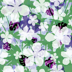 Abstract floral seamless summer pattern with silhouettes of flowers and leaves. 