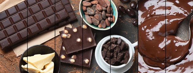 Collage of dark chocolate bar,chocolate pieces and cocoa beans, cocoa powder on black background.