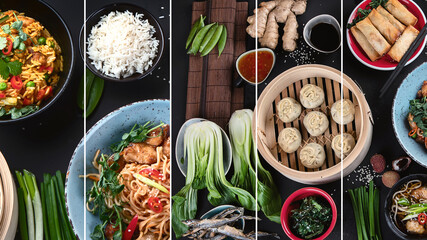 Collage of assorted Chinese food on dark background. Asian food concept.