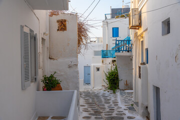 White street in the old town of Mykonos, Greece