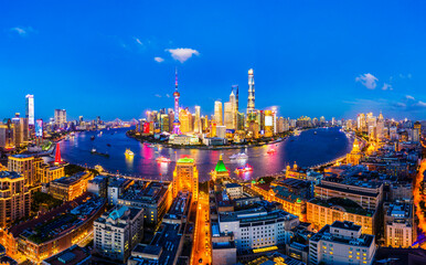 Obraz premium Aerial view of Shanghai skyline at night,China.