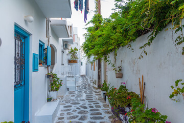 White street in the old town of Mykonos, Greece