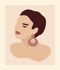 Vector minimalist aesthetic feminine wall art print. Abstract lady portrait. Neutral natural colors face womens day decor. Short hair earring white Asian girl midcentury modern flat style boho print