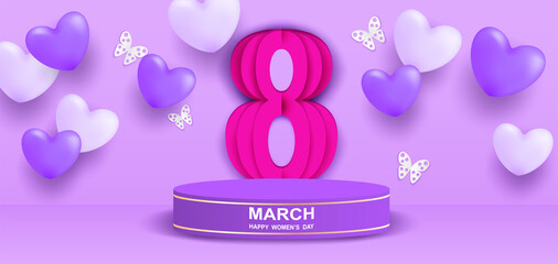 8 march. Happy Woman's Day theme product display podium. Design with heart and butterflies on purple background. paper art. Vector.
