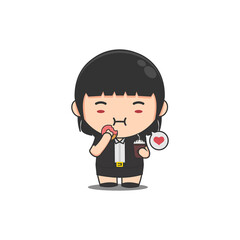 cute chibi businesswoman enjoying donuts and coffee