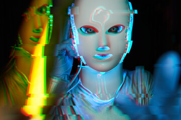 Portrait of futuristic robot. Image with glitch effect.