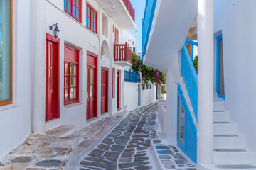 White street in the old town of Mykonos, Greece