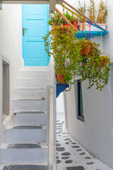 White street in the old town of Mykonos, Greece