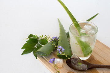 natural healthy drinks aloe vera  cocktail water local herbal of asia arrangement flat lay style on background white