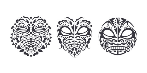 Hawaiian and Polynesian Tiki head totem. Vector design set - folk art tribal background.