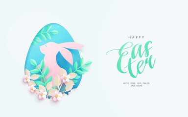 Fototapeta na wymiar Happy Easter greeting card, website banner, poster, flyer or holiday cover. Trendy modern design in paper cut style with cute bunny in Easter Egg with spring flowers and leaves, typography, and wishes