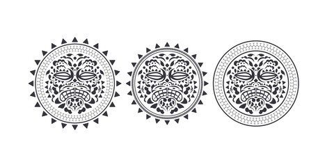 Hawaiian and Polynesian Tiki head totem. Illustration of a mask of indigenous tiki from Hawaii and Polynesia in black and white, the faces of the gods with crowns traditionally.