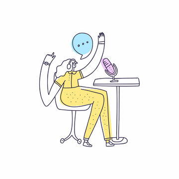 recommend clip art: Radio host and speech cloud vector illustration. Media hosting, live radio broadcast doodle drawing. Female podcaster with microphone and headset, broadcaster at workplace isolated cartoon character