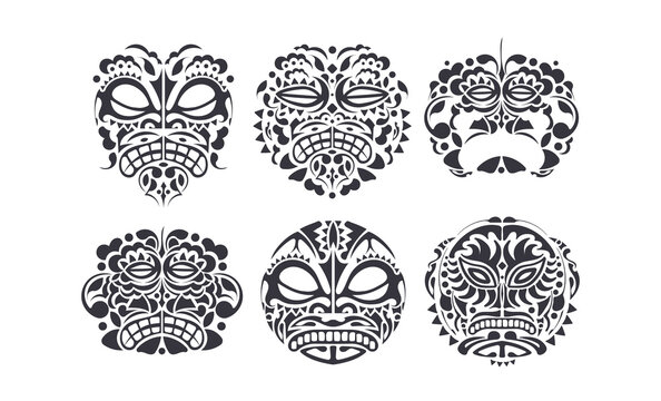Vector design set - folk art tribal background. Hawaiian and Polynesian Tiki head totem.