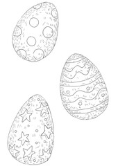 Set of Easter eggs. Coloring. Black and white digital illustration. Cute illustration for the decor and design of posters, postcards, prints, stickers, invitations, textiles and stationery.