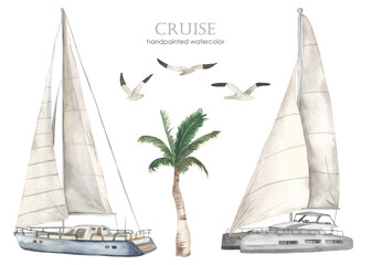 Watercolor set of sea cruise with yacht and catamaran, palm tree, seagulls © MarinaErmakova