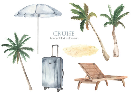 Watercolor set of sea cruise with travel suitcase, beach lounger, palm trees, beach umbrella