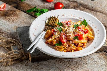 Italian food. Pasta penne with chicken meat, tomato sauce and vegetables served with parmesan cheese. Food recipe background