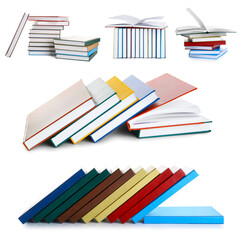 Collage of different books on white background